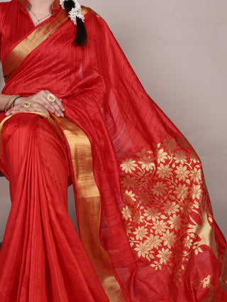Red Elegant Raw Silk Saree with Zari Weaving Work ClothsVilla
