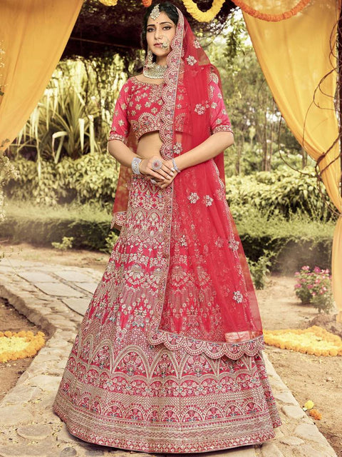 Red Embroidered Silk Semi Stitched Lehenga ClothsVilla Main image