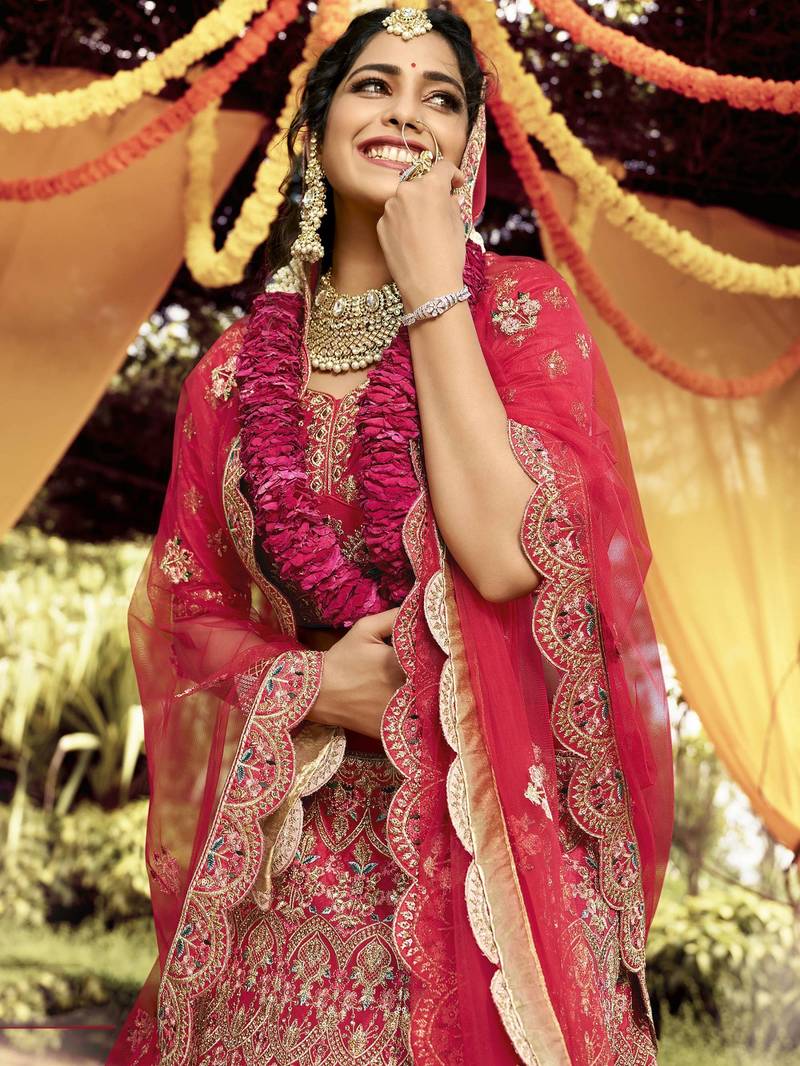 Red Embroidered Silk Semi Stitched Lehenga Secondary image