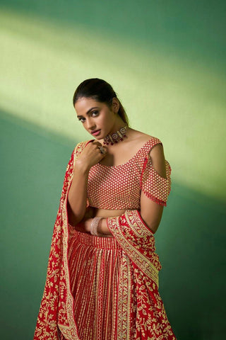 Red Georgette Embroidered Lehenga Set with Heavy Sequins & Cording Work ClothsVilla