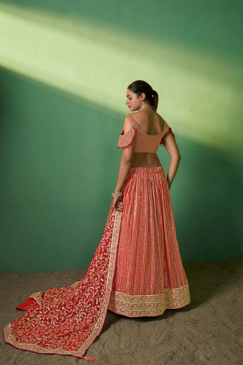 Red Georgette Embroidered Lehenga Set with Heavy Sequins & Cording Work ClothsVilla