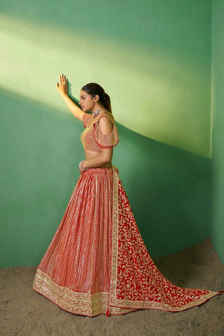 Red Georgette Embroidered Lehenga Set with Heavy Sequins & Cording Work ClothsVilla