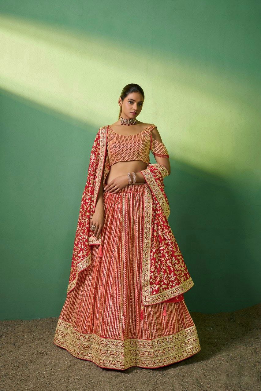 Red Georgette Embroidered Lehenga Set with Heavy Sequins & Cording Work ClothsVilla