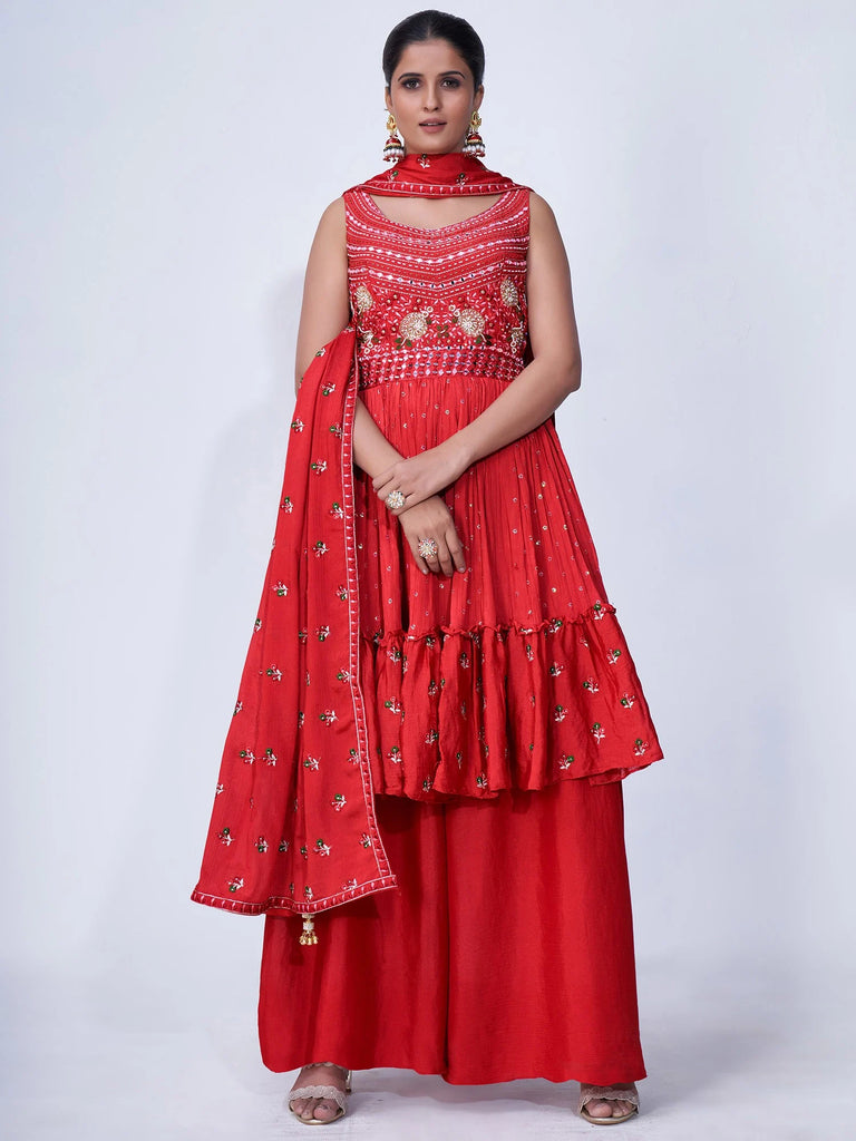 Red Mirror Work Multi Embroidery Chiffon Palazzo Suit Clothsvilla