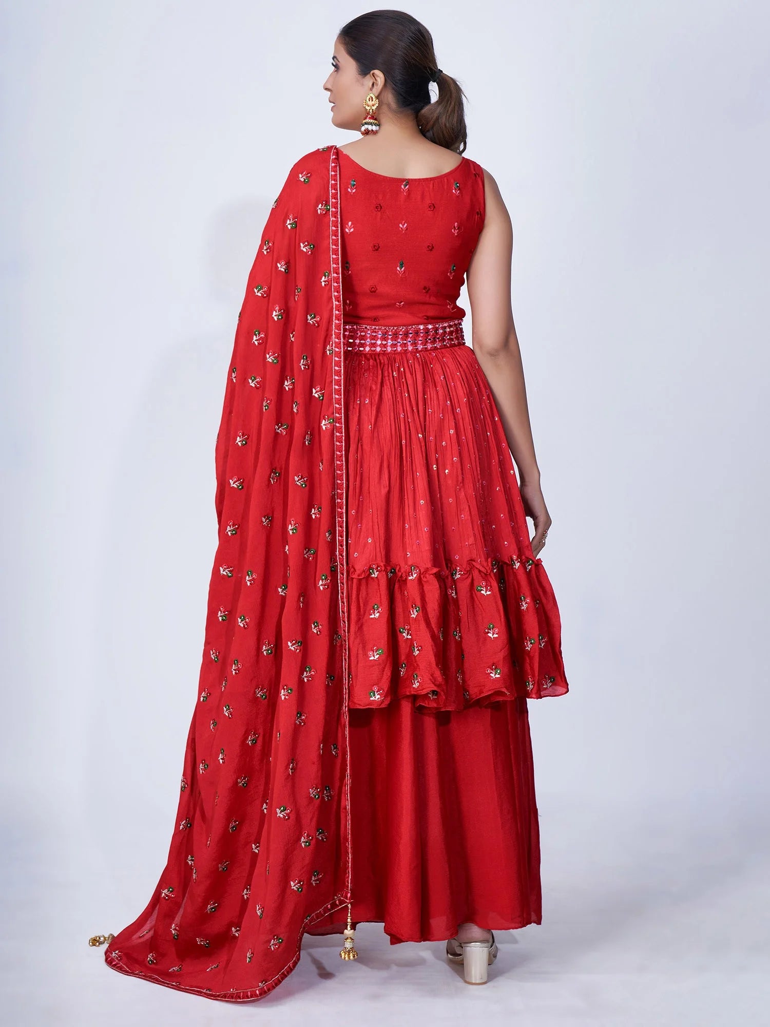Red Mirror Work Multi Embroidery Chiffon Palazzo Suit Clothsvilla