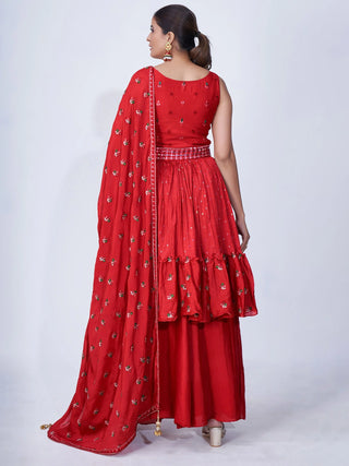 Red Mirror Work Multi Embroidery Chiffon Palazzo Suit Clothsvilla