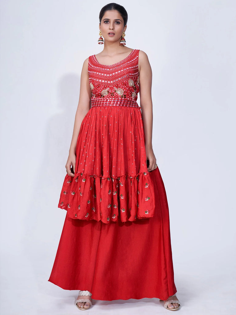 Red Mirror Work Multi Embroidery Chiffon Palazzo Suit Clothsvilla