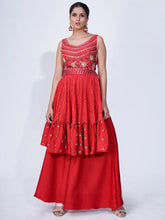 Load image into Gallery viewer, Red Mirror Work Multi Embroidery Chiffon Palazzo Suit Clothsvilla