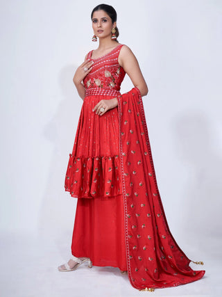 Red Mirror Work Multi Embroidery Chiffon Palazzo Suit Clothsvilla