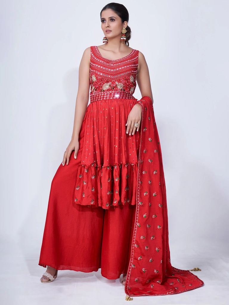 Red Mirror Work Multi Embroidery Chiffon Palazzo Suit Clothsvilla