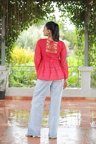 Navratri Special Georgette Schiffli Peplum Top with Kutchi Gamthi Patch Work ClothsVilla
