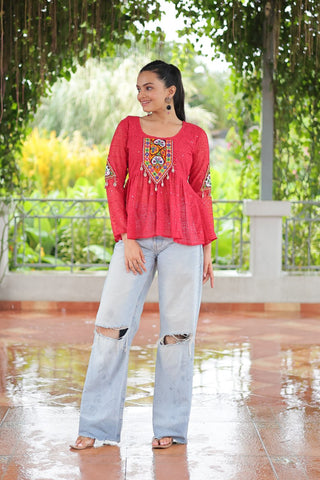 Navratri Special Georgette Schiffli Peplum Top with Kutchi Gamthi Patch Work ClothsVilla