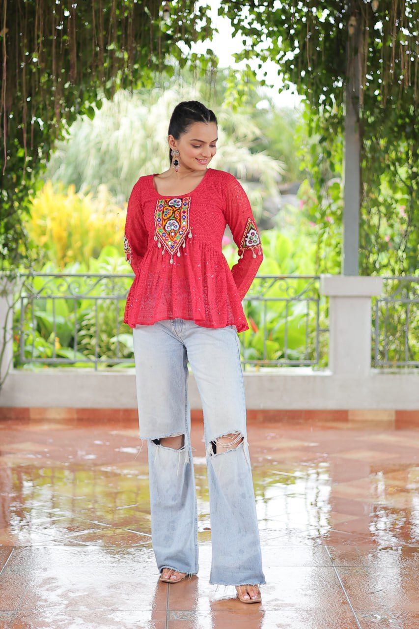 Navratri Special Georgette Schiffli Peplum Top with Kutchi Gamthi Patch Work ClothsVilla