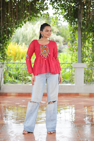 Navratri Special Georgette Schiffli Peplum Top with Kutchi Gamthi Patch Work ClothsVilla
