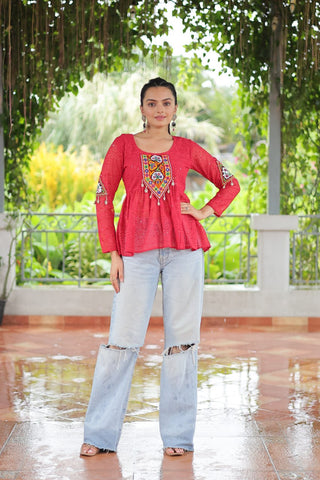 Navratri Special Georgette Schiffli Peplum Top with Kutchi Gamthi Patch Work ClothsVilla