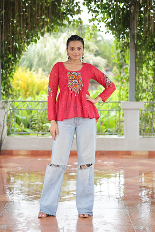 Navratri Special Georgette Schiffli Peplum Top with Kutchi Gamthi Patch Work ClothsVilla