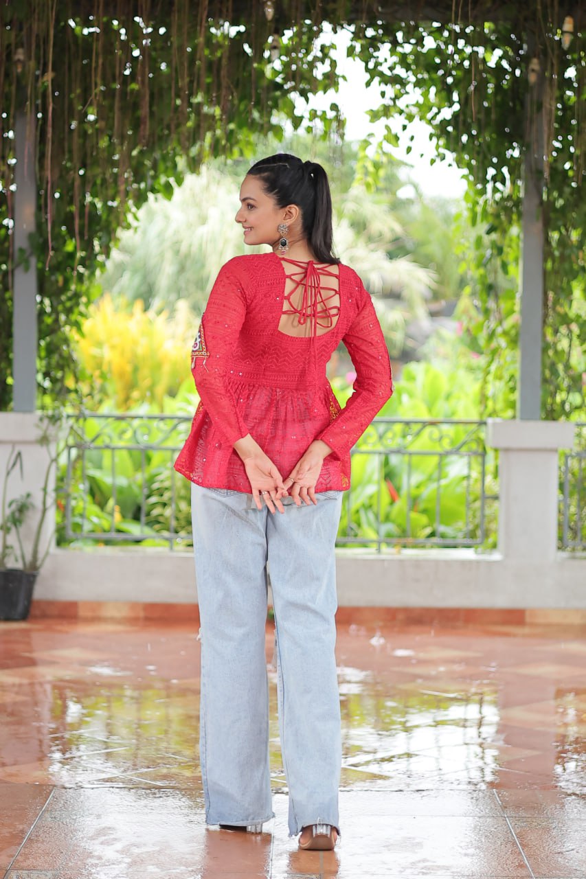 Navratri Special Georgette Schiffli Peplum Top with Kutchi Gamthi Patch Work ClothsVilla