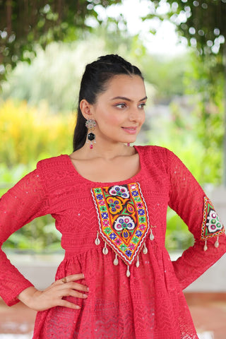 Navratri Special Georgette Schiffli Peplum Top with Kutchi Gamthi Patch Work ClothsVilla
