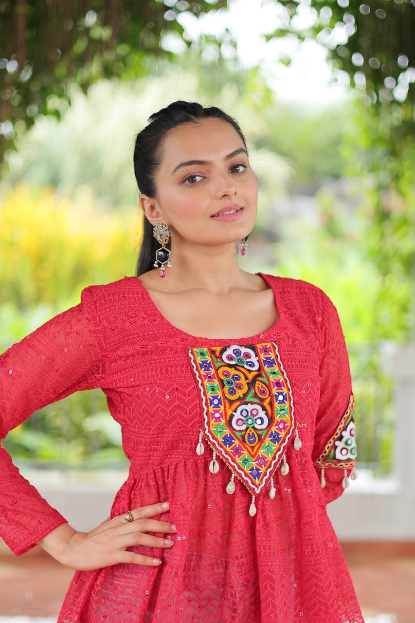 Navratri Special Georgette Schiffli Peplum Top with Kutchi Gamthi Patch Work ClothsVilla