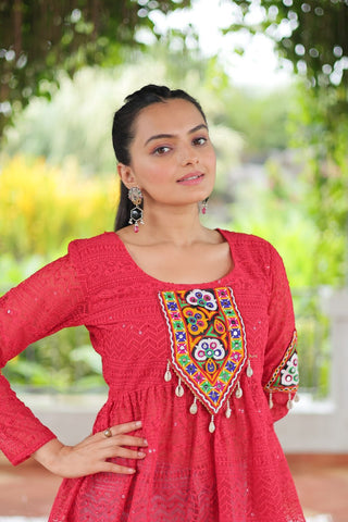 Navratri Special Georgette Schiffli Peplum Top with Kutchi Gamthi Patch Work ClothsVilla