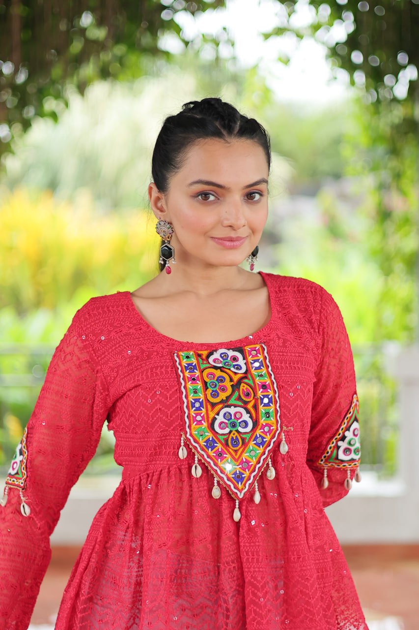 Navratri Special Georgette Schiffli Peplum Top with Kutchi Gamthi Patch Work ClothsVilla