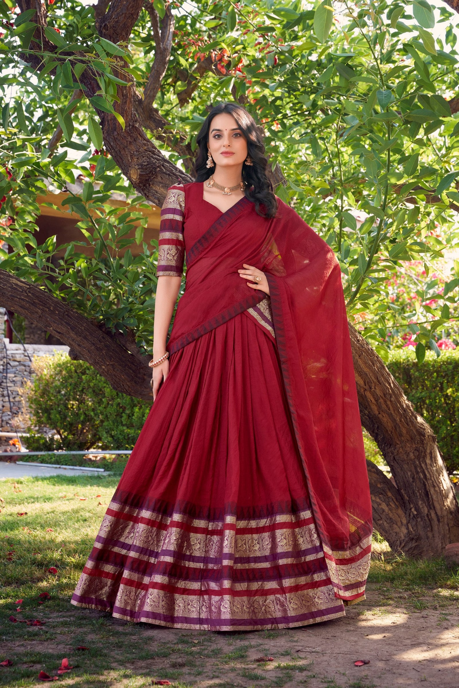 Red Pure Chanderi Elegance Stitched Lehenga Set with Zari Weaving – 3-Piece Ensemble ClothsVilla