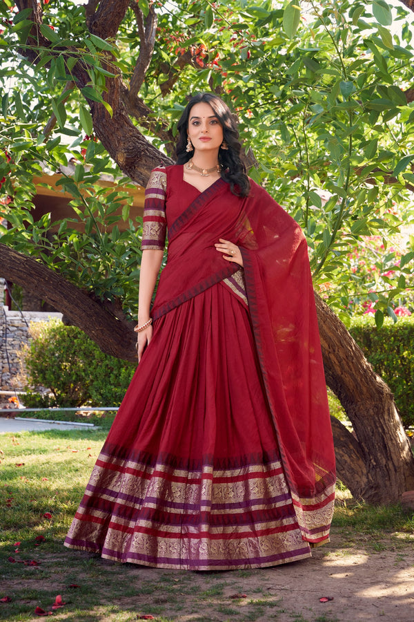 Red Pure Chanderi Elegance Stitched Lehenga Set with Zari Weaving – 3-Piece Ensemble ClothsVilla