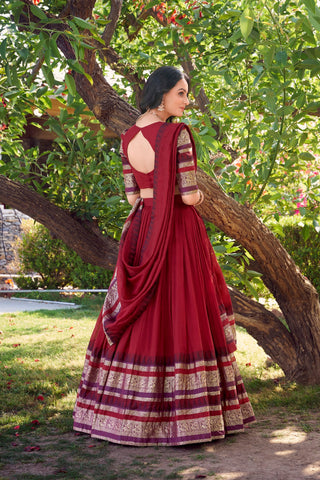 Red Pure Chanderi Elegance Stitched Lehenga Set with Zari Weaving – 3-Piece Ensemble ClothsVilla