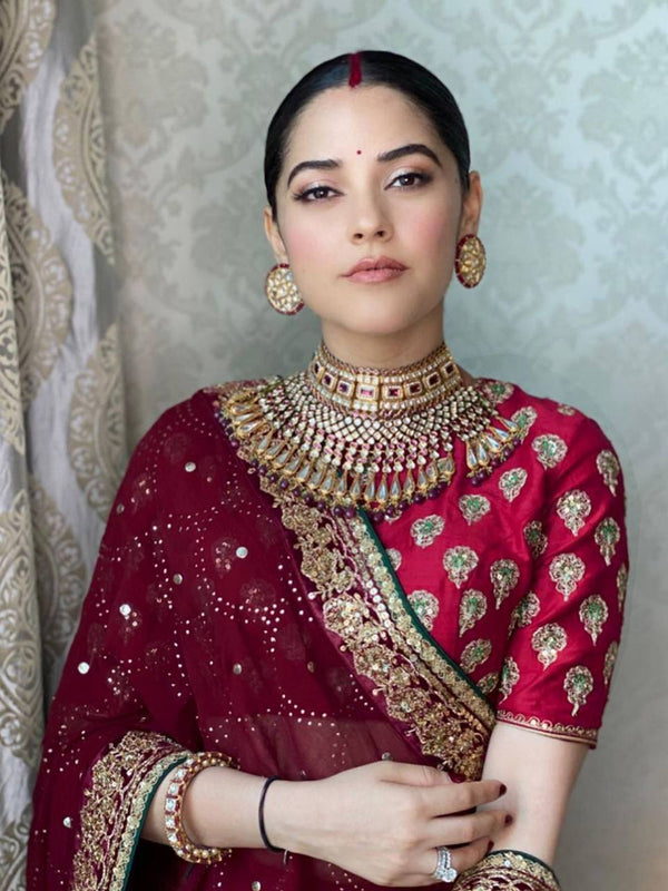 Red Satin Georgette Lehenga Set with Zari & Sequins Work Unstitched Blouse & Dupatta Included ClothsVilla