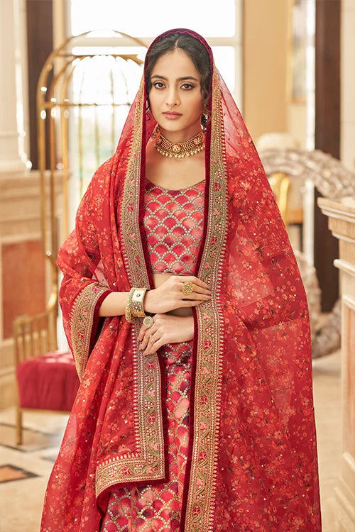 Red Thread With Sequins Embroidery Work Lehenga Choli With Dupatta Clothsvilla