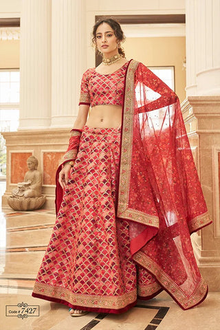 Red Thread With Sequins Embroidery Work Lehenga Choli With Dupatta Clothsvilla