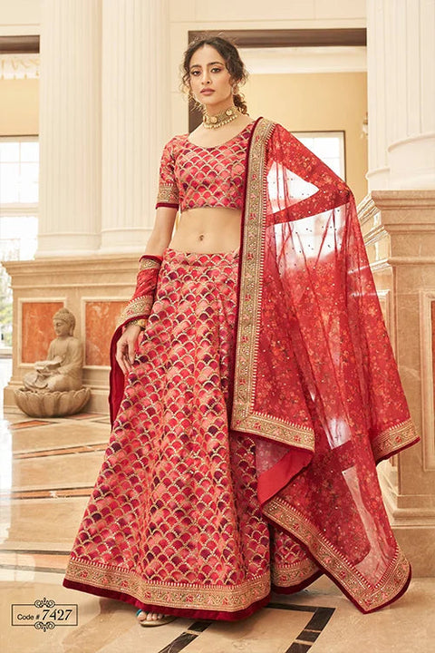 Red Thread With Sequins Embroidery Work Lehenga Choli With Dupatta Clothsvilla Main image