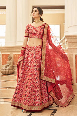 Red Thread With Sequins Embroidery Work Lehenga Choli With Dupatta Clothsvilla