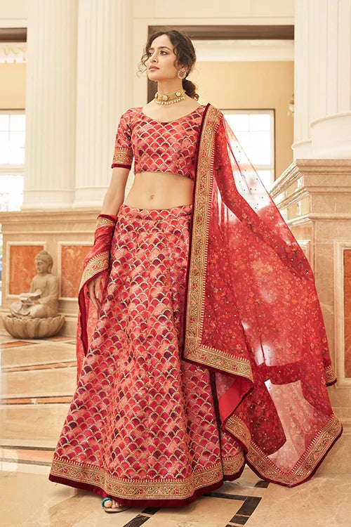 Red Thread With Sequins Embroidery Work Lehenga Choli With Dupatta Clothsvilla