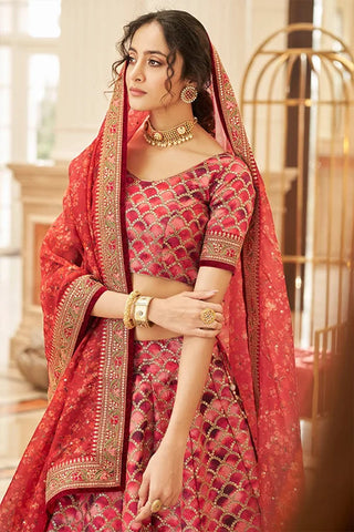 Red Thread With Sequins Embroidery Work Lehenga Choli With Dupatta Clothsvilla