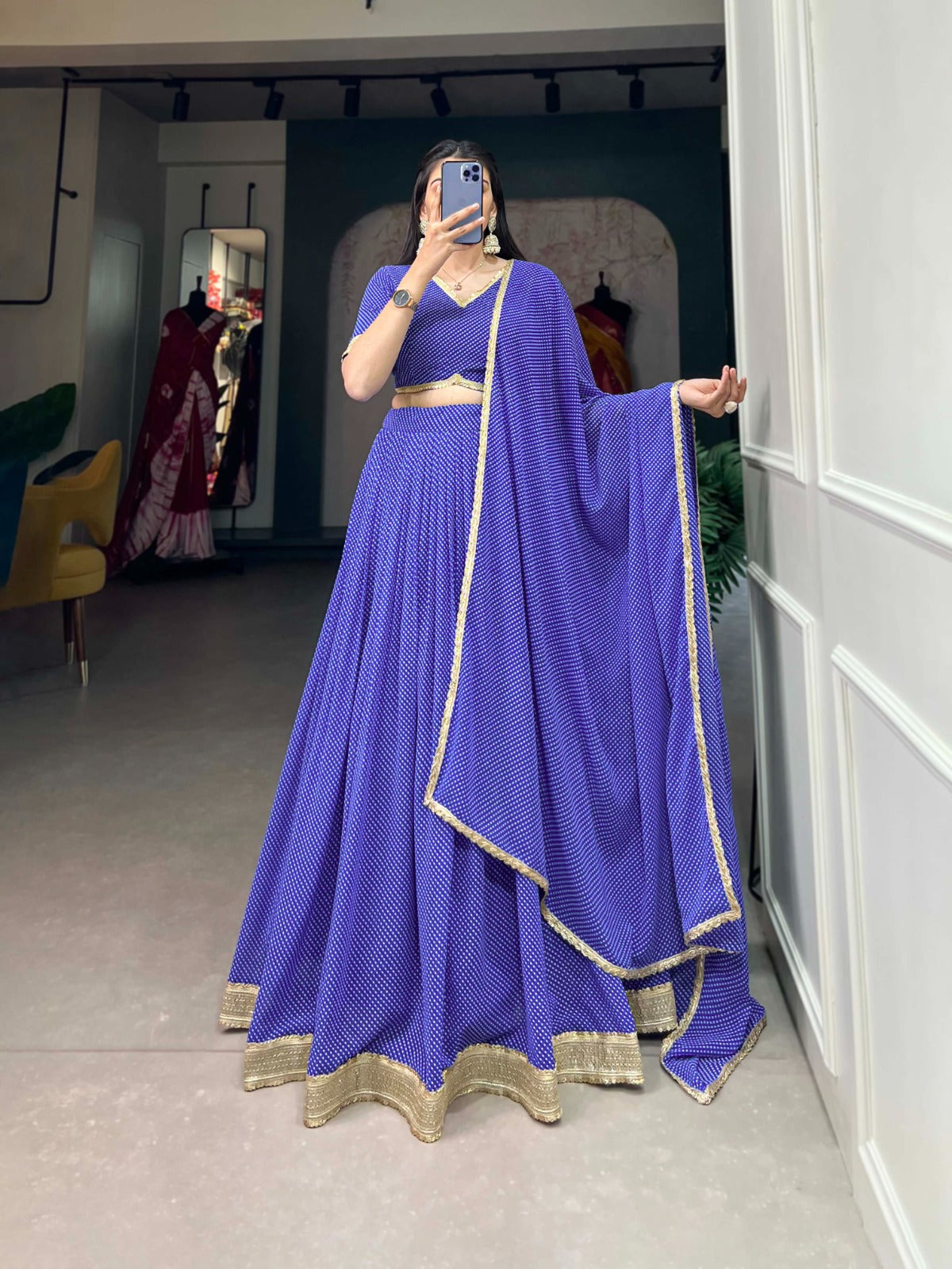 Royal Blue Color Dot Print Georgette Lehenga Choli ClothsVilla