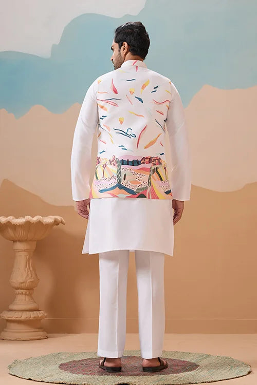 White Wedding Wear Carnival Koti Kurta Pair for Mens Wear Clothsvilla