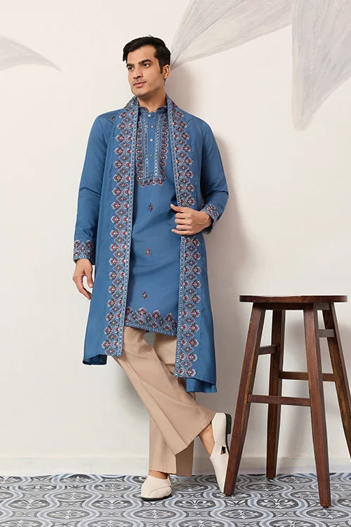 Wedding Royal Look Blue Kurta with Dupatta for Mens Wear Clothsvilla