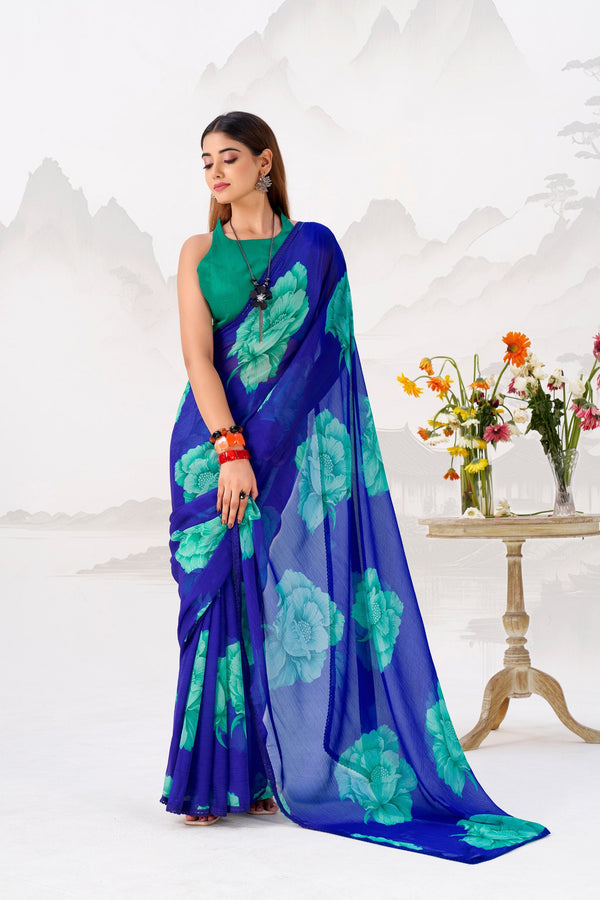 Royal Blue Elegant Chiffon Saree with Floral Print & Lace Border – Unstitched Banglory Blouse ClothsVilla