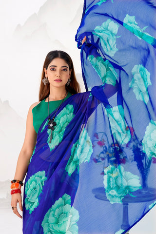 Royal Blue Elegant Chiffon Saree with Floral Print & Lace Border – Unstitched Banglory Blouse ClothsVilla