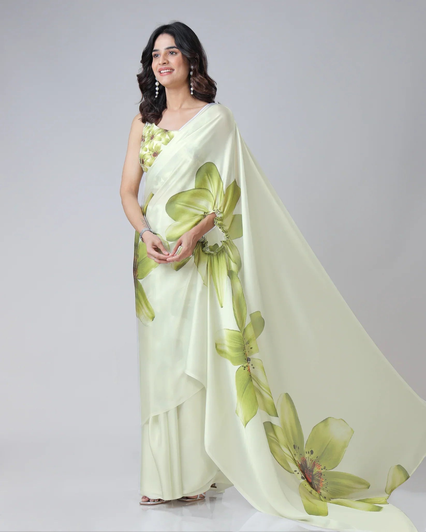 Mint Bloom Designer Freehand Floral Print Saree in Georgette Satin – Ready to Wear Elegance FREEHANDED Main image