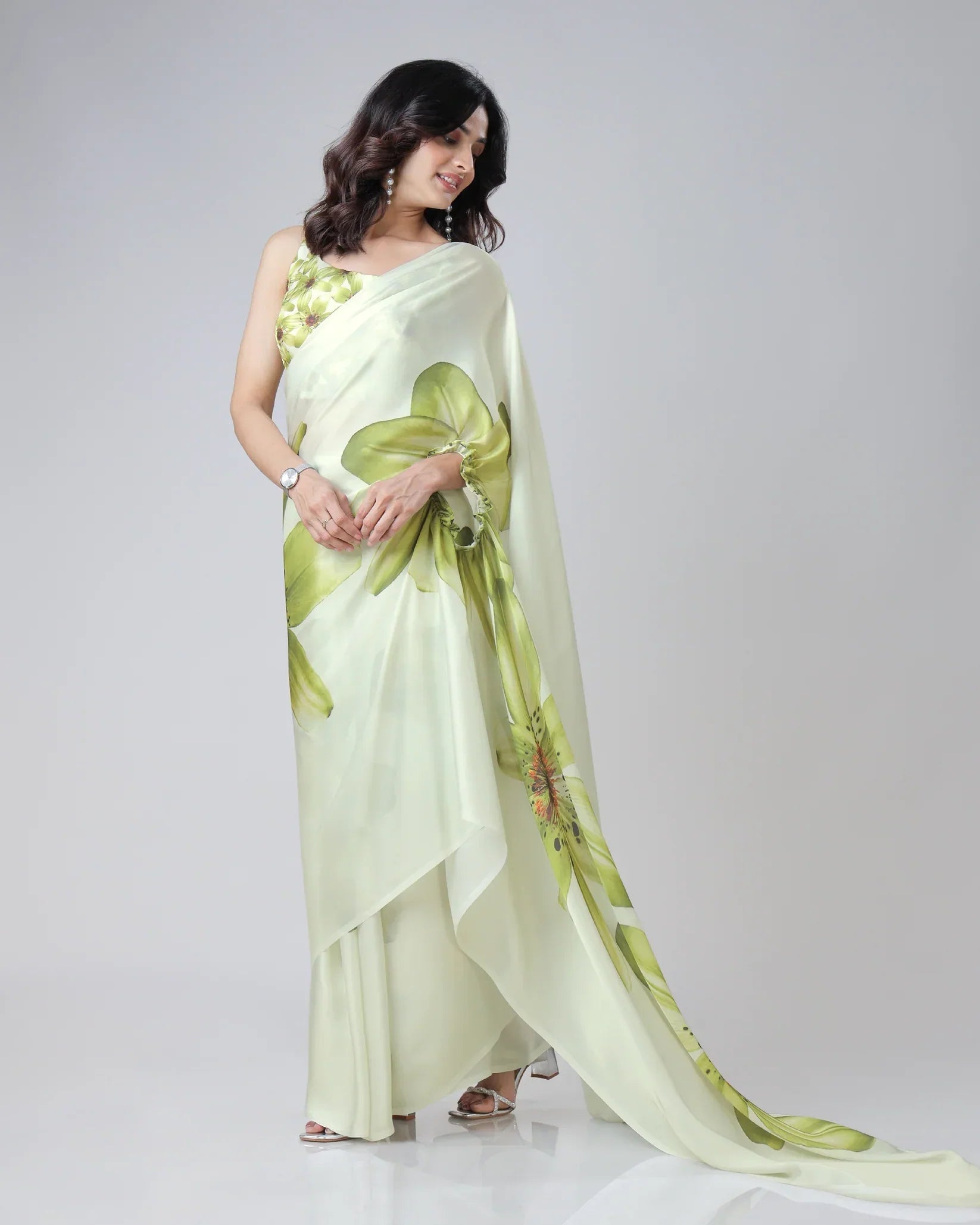Mint Bloom Designer Freehand Floral Print Saree in Georgette Satin – Ready to Wear Elegance FREEHANDED
