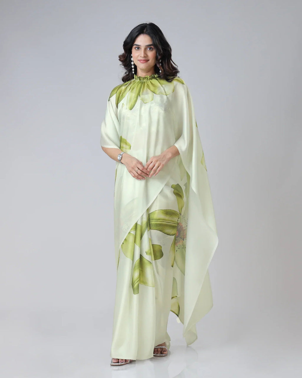 Mint Bloom Designer Freehand Floral Print Saree in Georgette Satin – Ready to Wear Elegance FREEHANDED