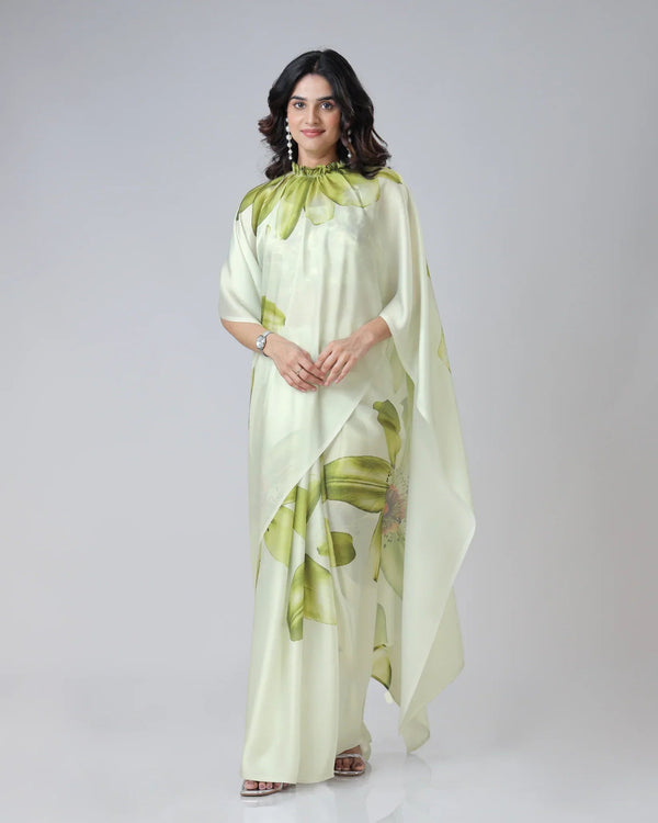 Mint Bloom Designer Freehand Floral Print Saree in Georgette Satin – Ready to Wear Elegance FREEHANDED