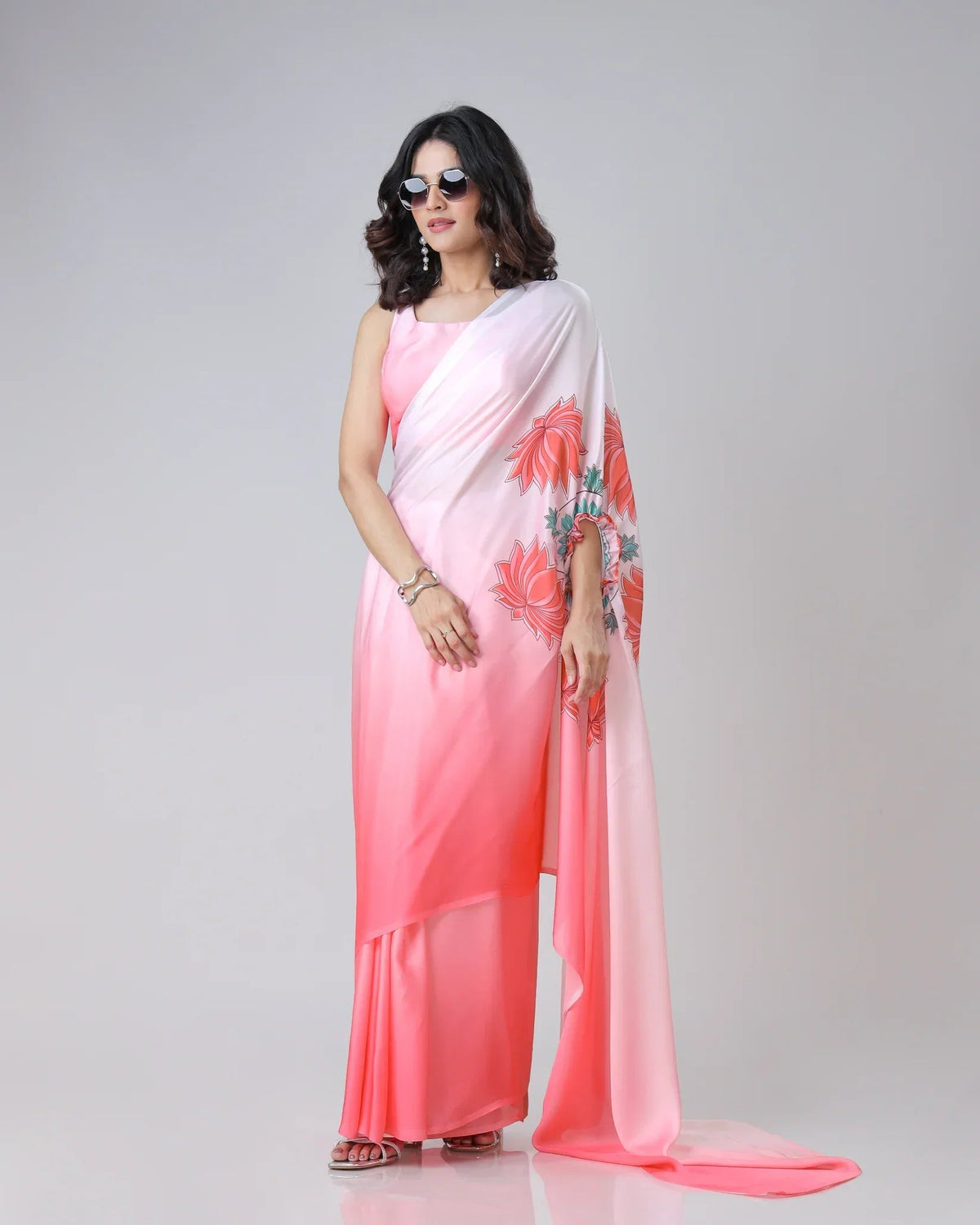 Blush Pink Ombre Freehand Floral Print Saree in Georgette Satin – Ready to Wear Designer Elegance FREEHANDED Main image