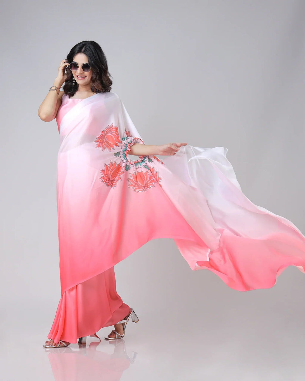 Blush Pink Ombre Freehand Floral Print Saree in Georgette Satin – Ready to Wear Designer Elegance FREEHANDED
