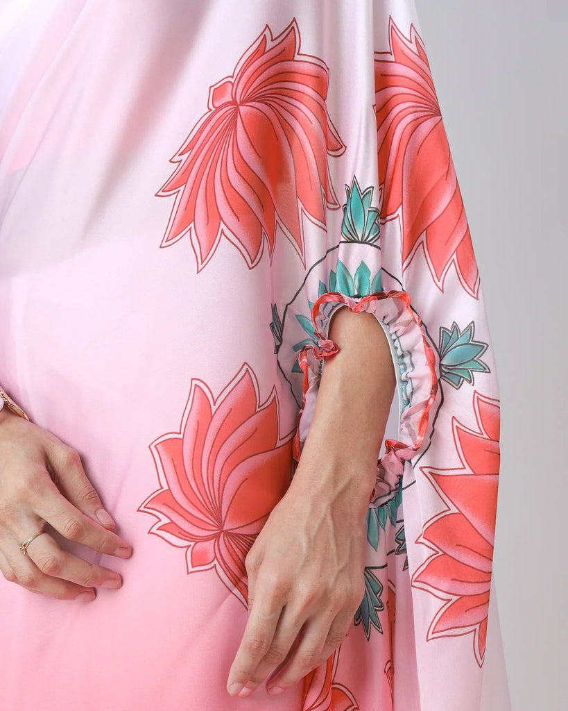 Blush Pink Ombre Freehand Floral Print Saree in Georgette Satin – Ready to Wear Designer Elegance FREEHANDED