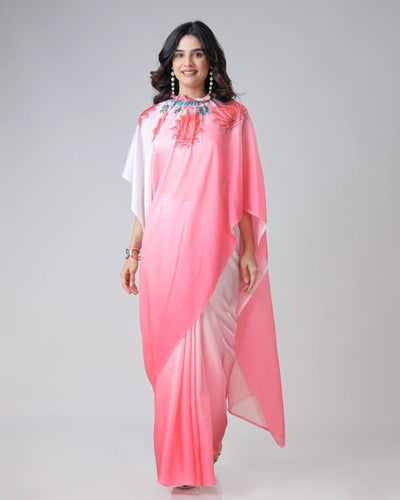 Blush Pink Ombre Freehand Floral Print Saree in Georgette Satin – Ready to Wear Designer Elegance FREEHANDED