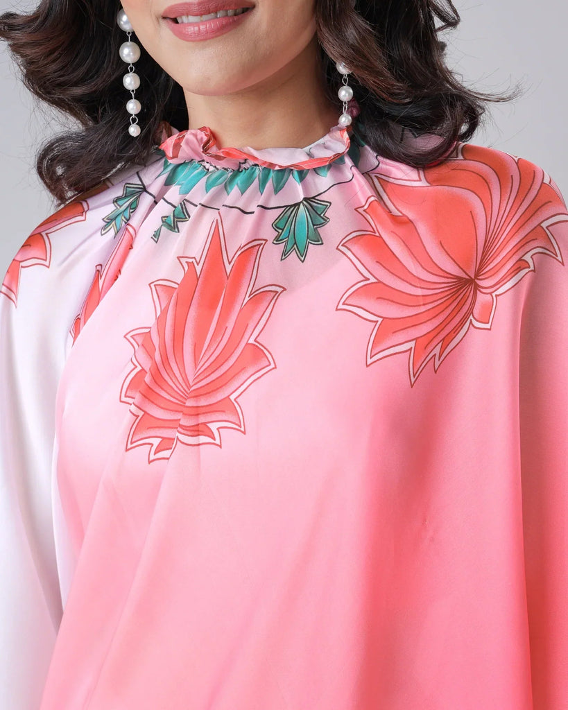 Blush Pink Ombre Freehand Floral Print Saree in Georgette Satin – Ready to Wear Designer Elegance FREEHANDED