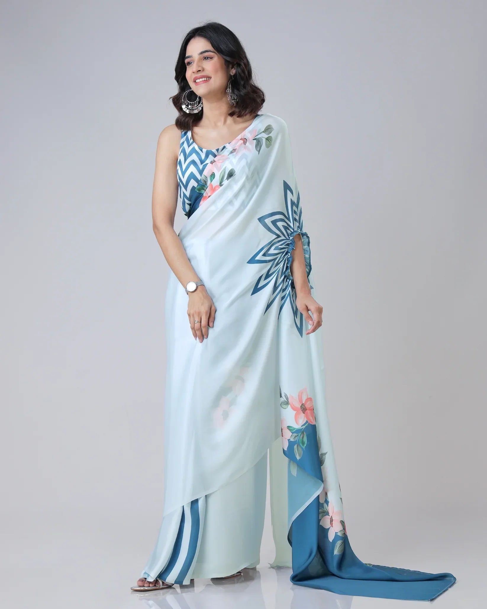 Icy Blue Designer Freehand Saree with Navy Starburst & Floral Print in Georgette Satin – Ready to Wear Secondary image
